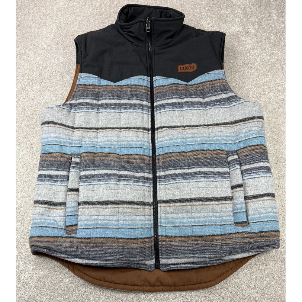 Cinch Men's LARGE Striped Blue Quilted Reversible Western Brown Vest MWV1576001